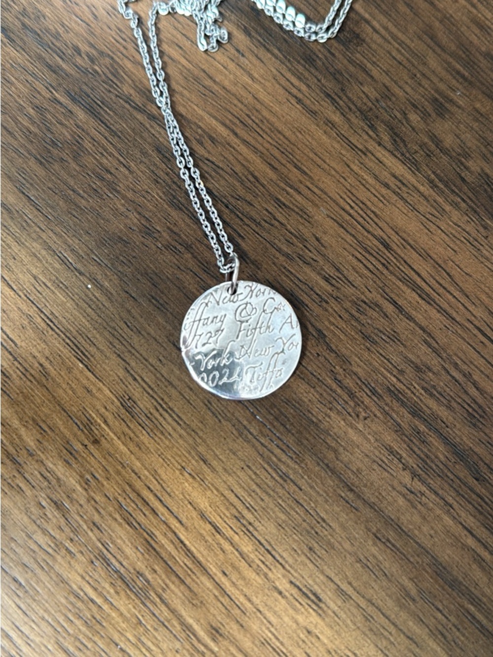 Tiffany & Co. Silver Engraved Script Disc Necklace
